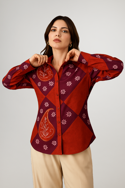 View of digital Ambi print shirt in diamond pattern – deep red with royal purple – heritage fashion for modern Australia
