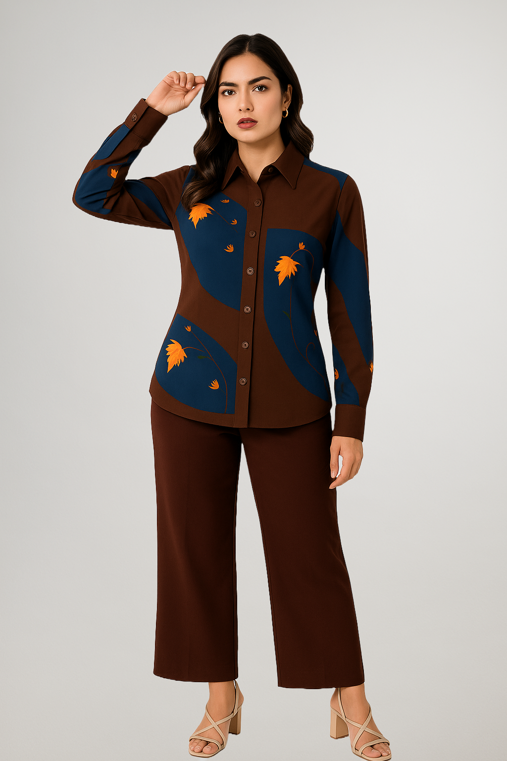 Model wearing Kashmir Chinar Shirt in deep navy with digital orange Chinar leaf print – inspired by Himalayan trees