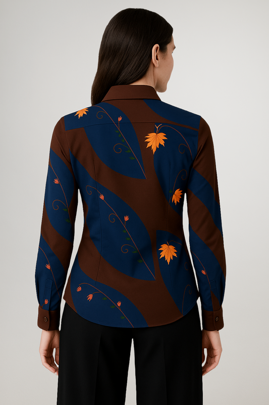 Back view of navy and brown peplum shirt with digitally printed Chinar leaves in vibrant orange
