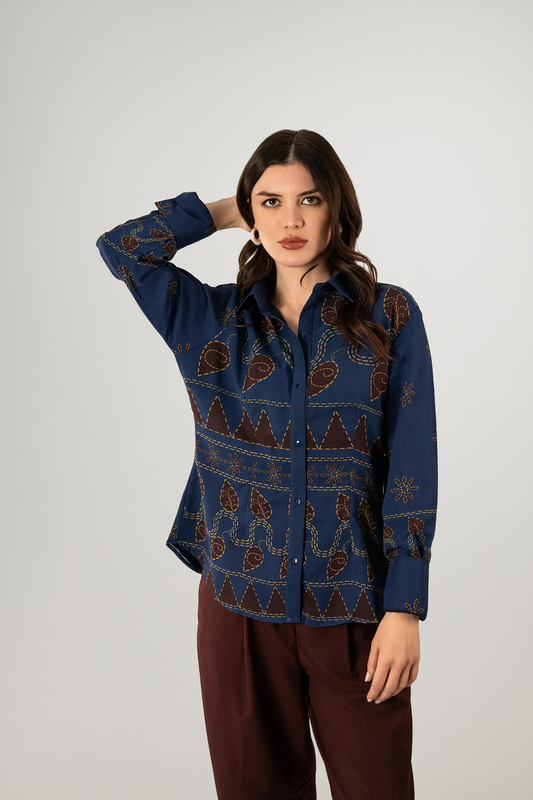 Front pose of digitally printed Kantha shirt in navy – relaxed styling, maroon folk-inspired pattern – Resham Ke Dhage Australia