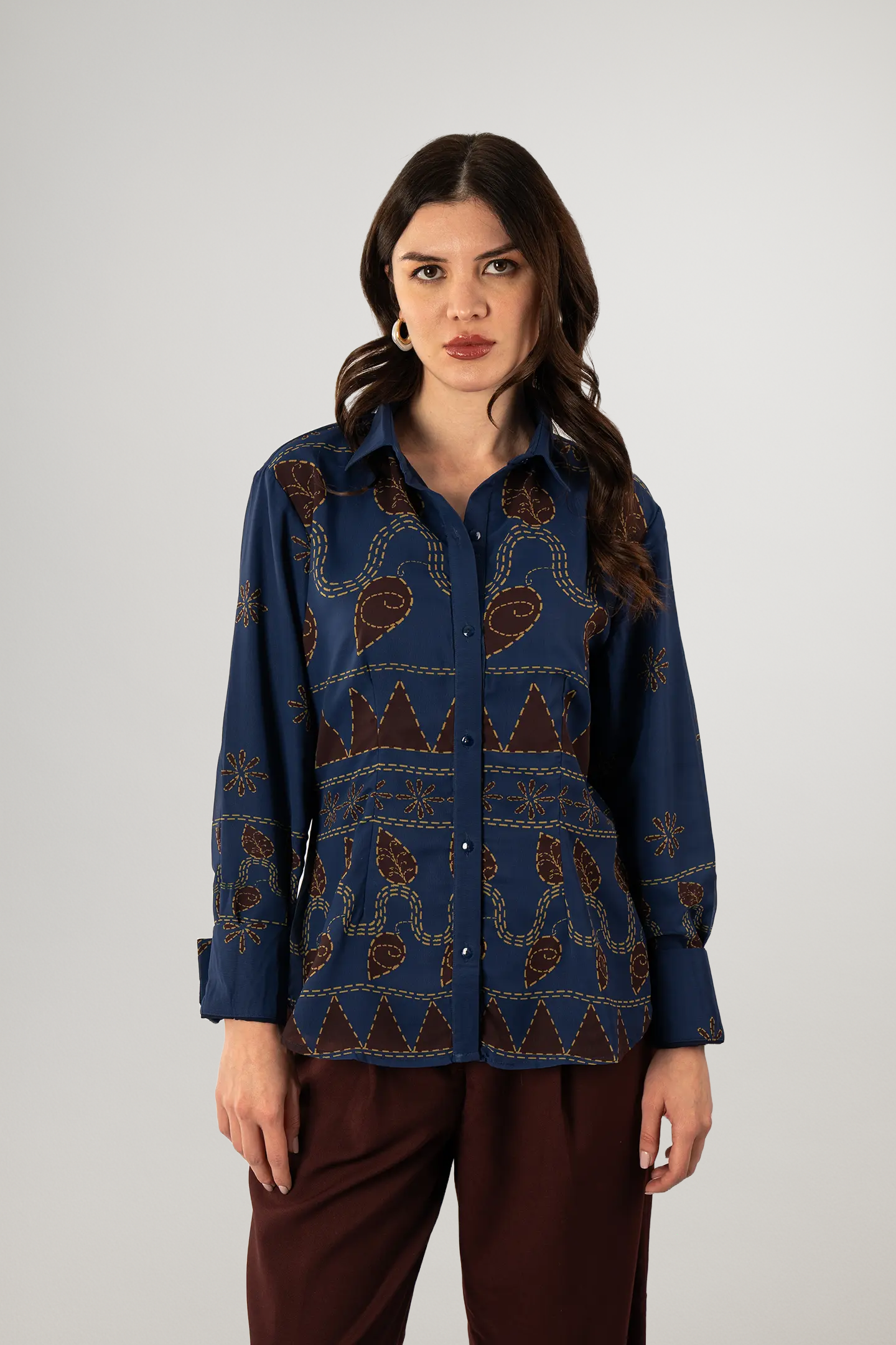 Front view of Kantha digital print shirt in navy and maroon – wearable Indian artwork for Australian wardrobes
