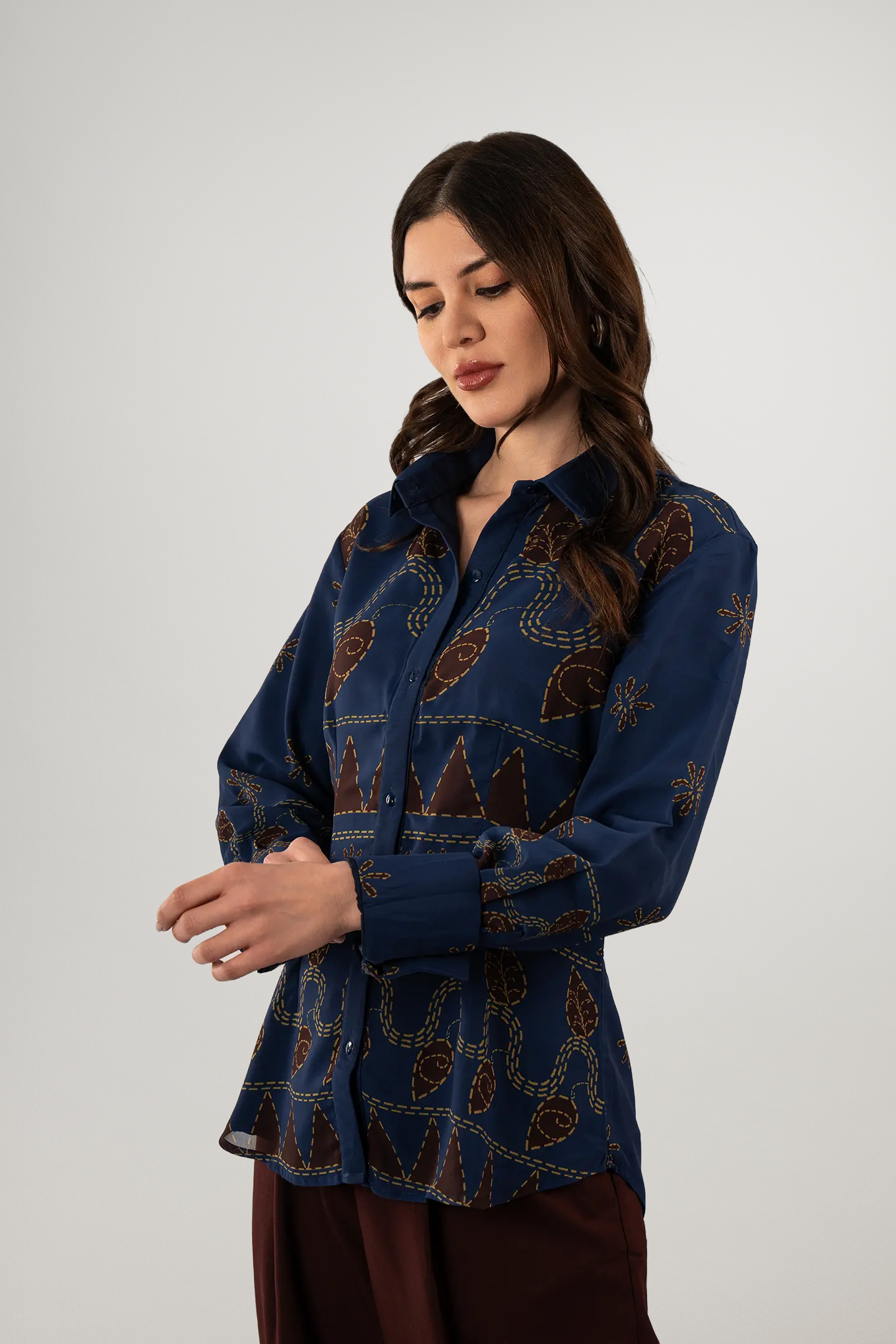Model wearing navy blue Kantha Story Shirt with digitally printed folk motifs – modern silhouette, Indian heritage
