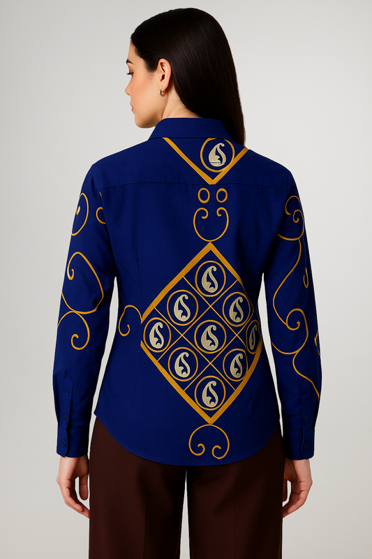 Back view of royal paisley print shirt – intricate golden digital design on navy base – Indian-inspired fashion Australia