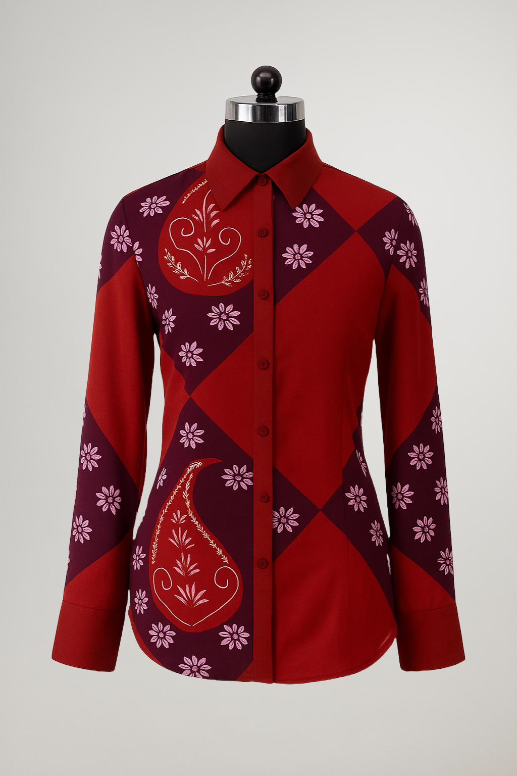 Flat display of Diamond Ambi Shirt – deep red digital paisley print on structured peplum silhouette – Resham Ke Dhage