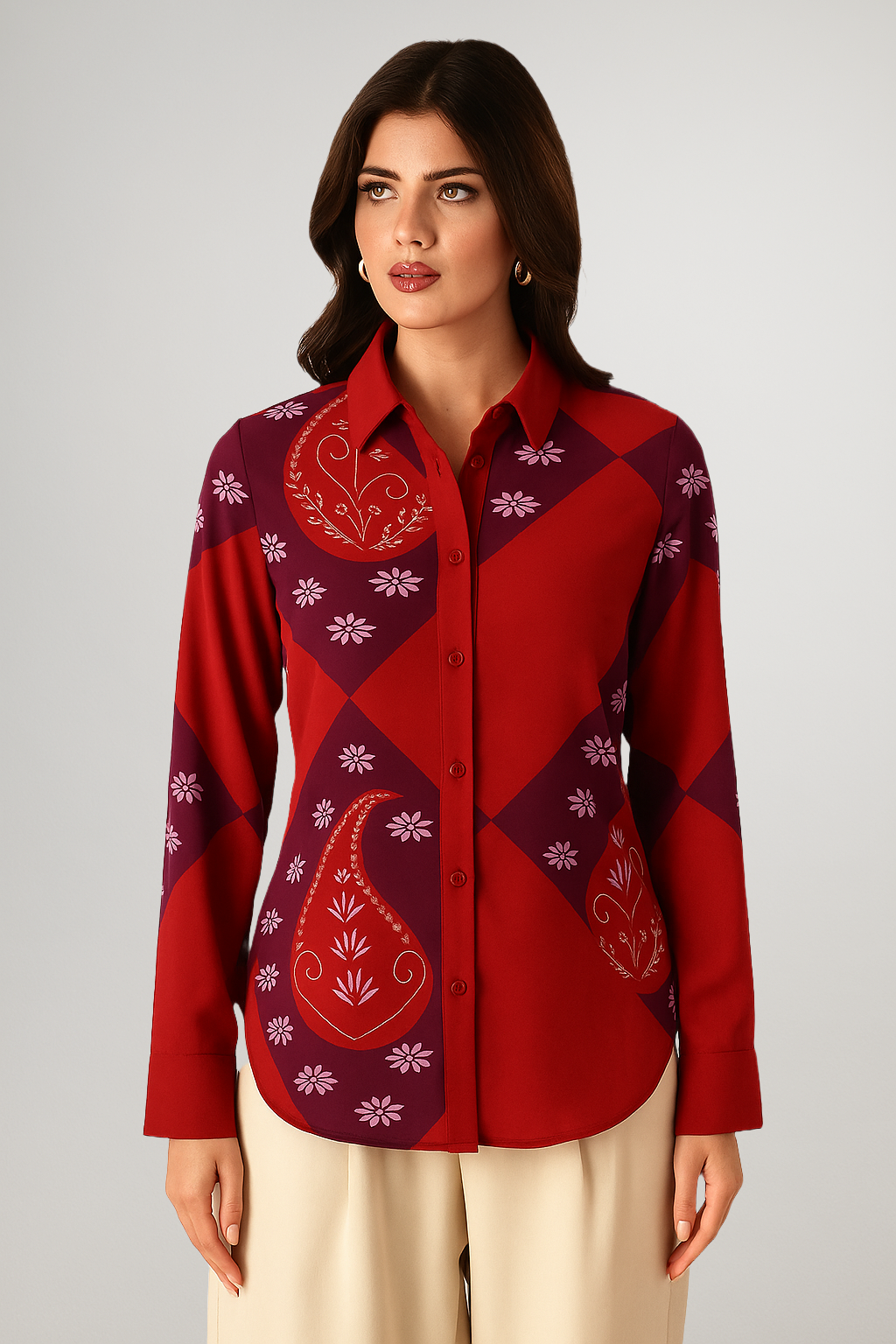 Model wearing red and purple Diamond Ambi Shirt – digital print of traditional paisley art in geometric layout