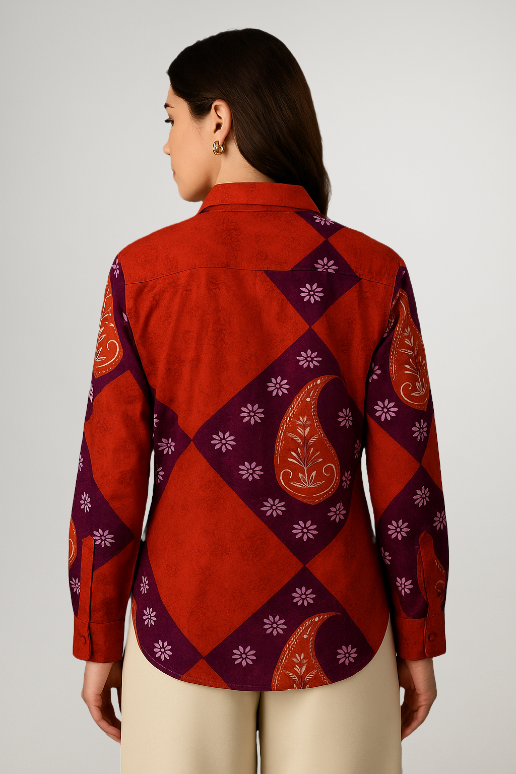Back pose in printed Ambi shirt – rich interplay of traditional Indian paisley and bold geometry in digital format