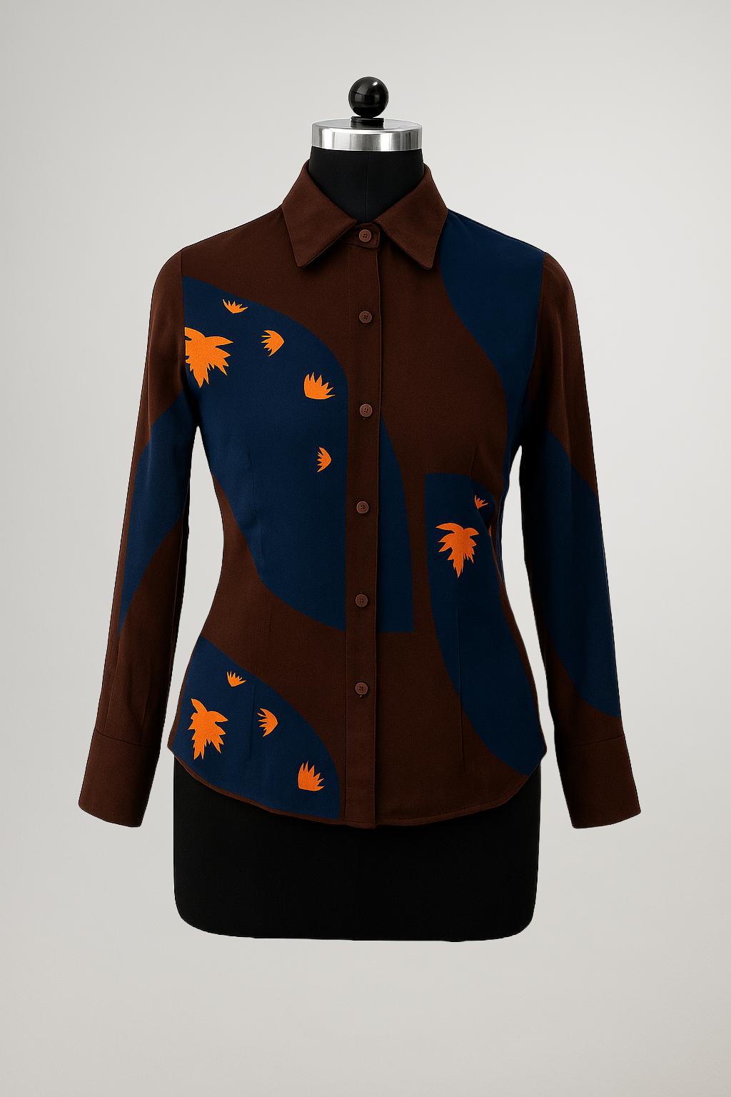 Front view of Kashmir Chinar peplum shirt on mannequin – digital Himalayan leaf print on premium viscose