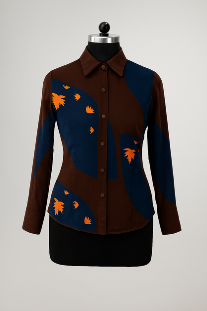 Front view of Kashmir Chinar peplum shirt on mannequin – digital Himalayan leaf print on premium viscose