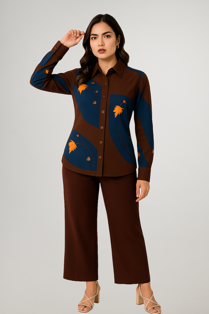 Model wearing Kashmir Chinar Shirt in deep navy with digital orange Chinar leaf print – inspired by Himalayan trees