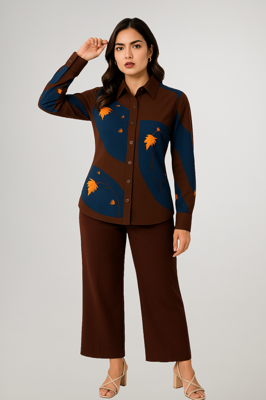 Model wearing Kashmir Chinar Shirt in deep navy with digital orange Chinar leaf print – inspired by Himalayan trees