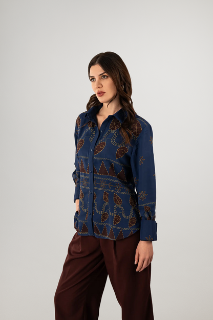 Side pose in Kantha Story Shirt with maroon stitched-look print – Indian art reimagined through digital design