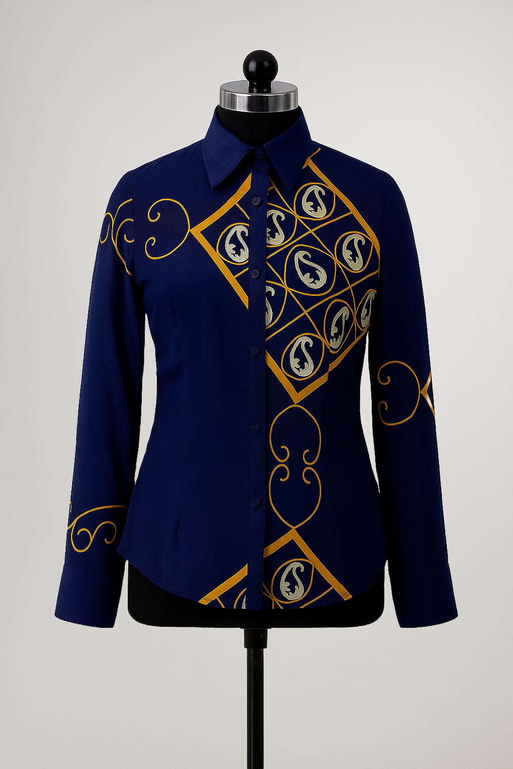 Royal Paisley Shirt by Resham Ke Dhage – navy blue shirt with golden print displayed on mannequin – digital Indian textile