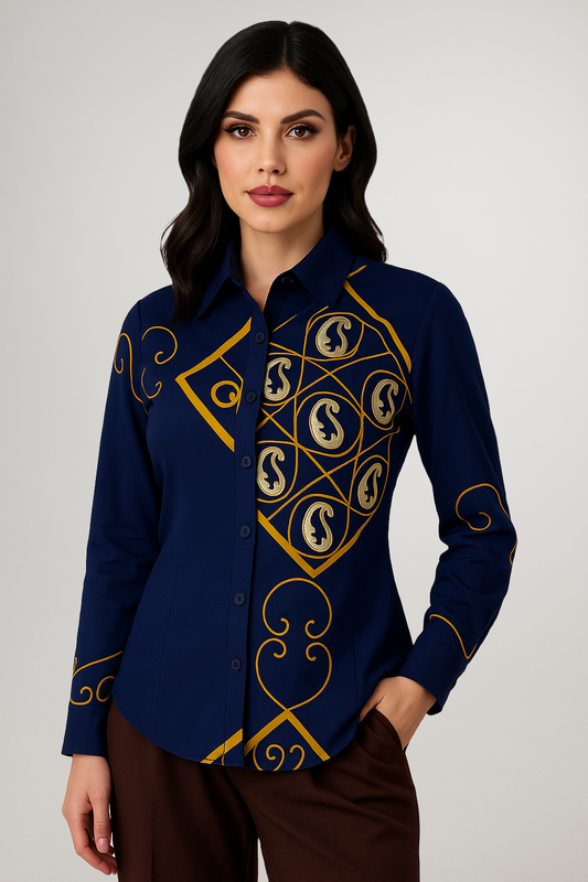 Women's navy blue shirt with golden Ambi paisley print – front view, worn by model – Resham Ke Dhage Australia